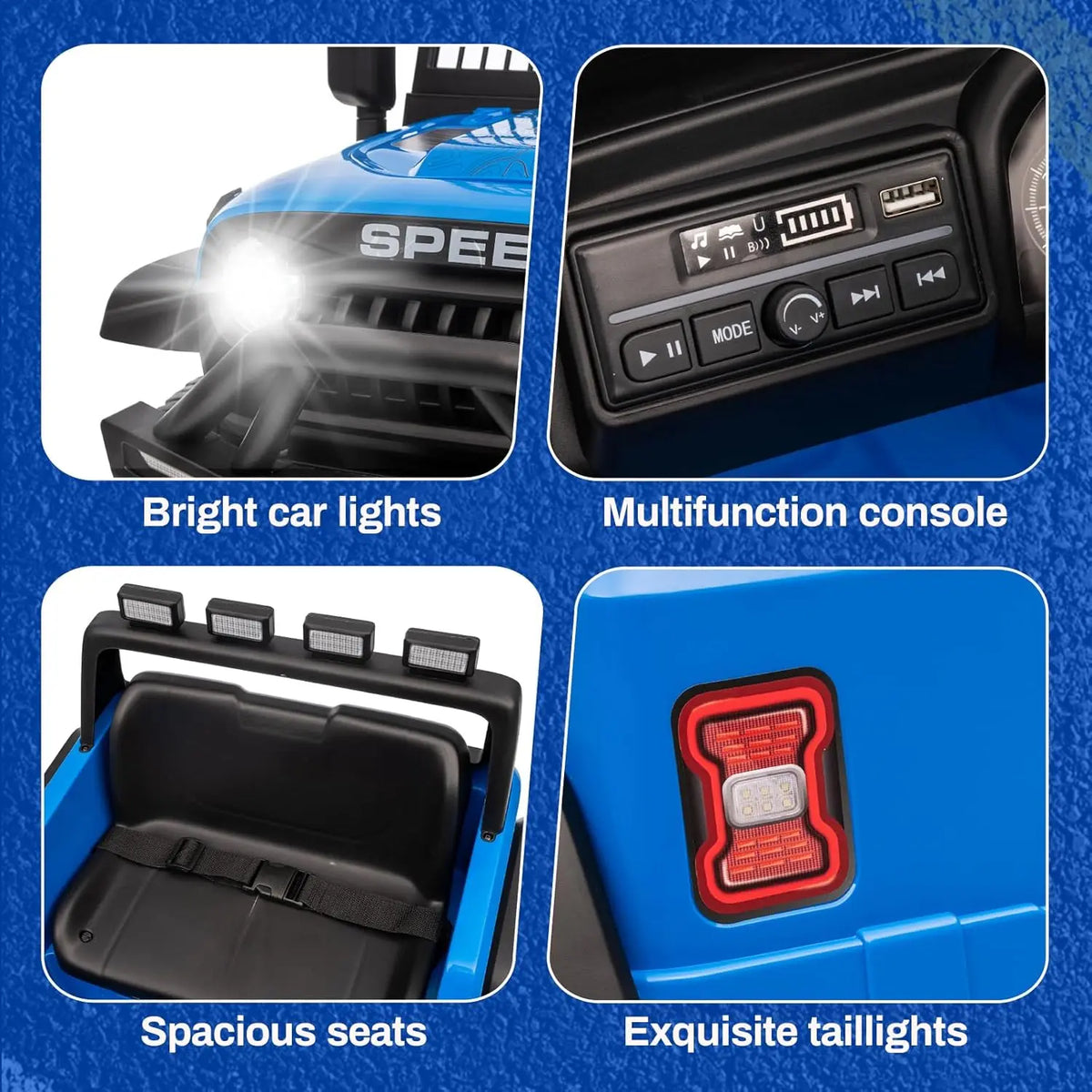 A blue electric ride-on truck for kids featuring bright car lights, a multifunction console, and exquisite taillights.