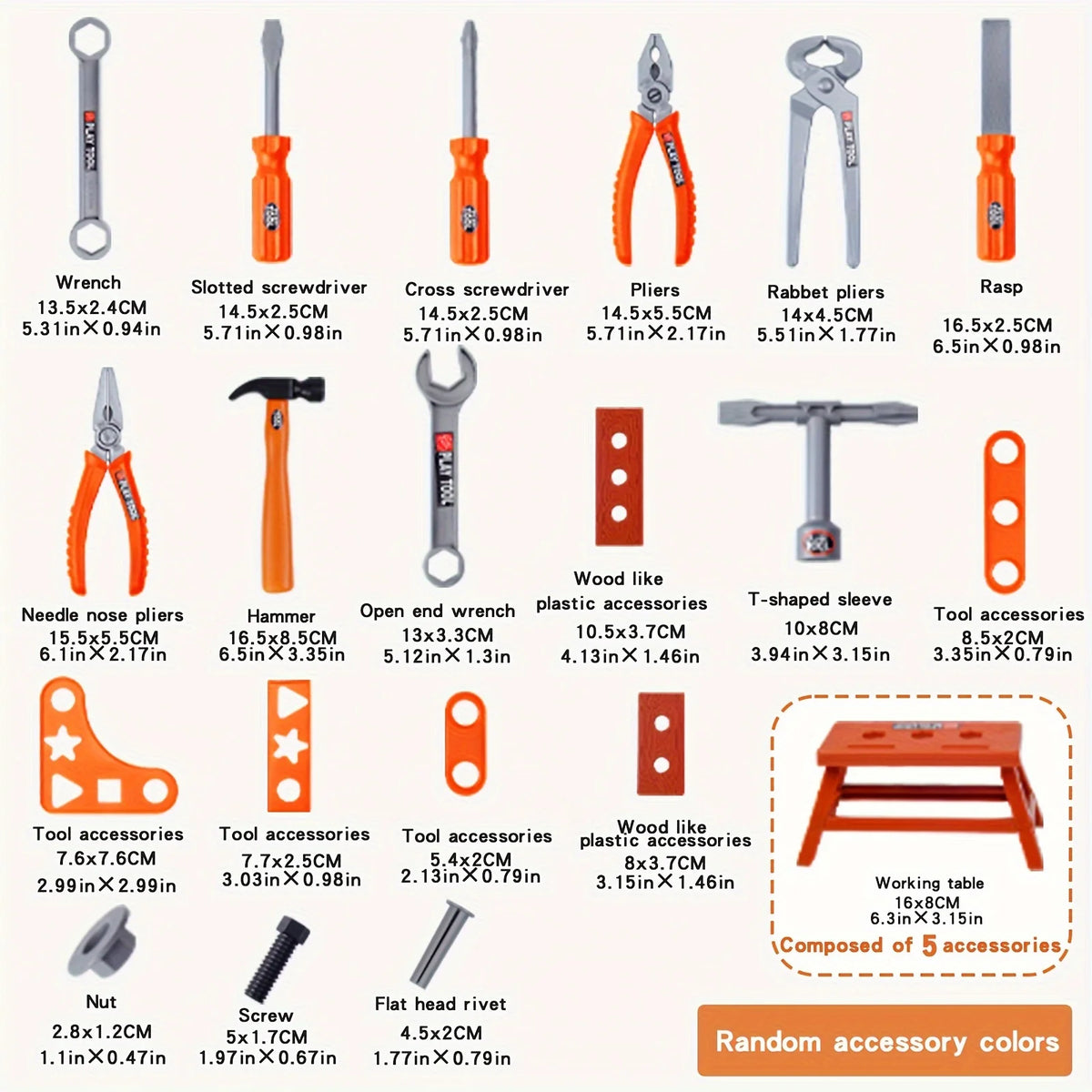 A collection of various tools including a wrench, screwdriver, pliers, hammer, and other accessories in orange and gray.