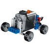 A silver and blue motorized building block set with wheels and gears.
