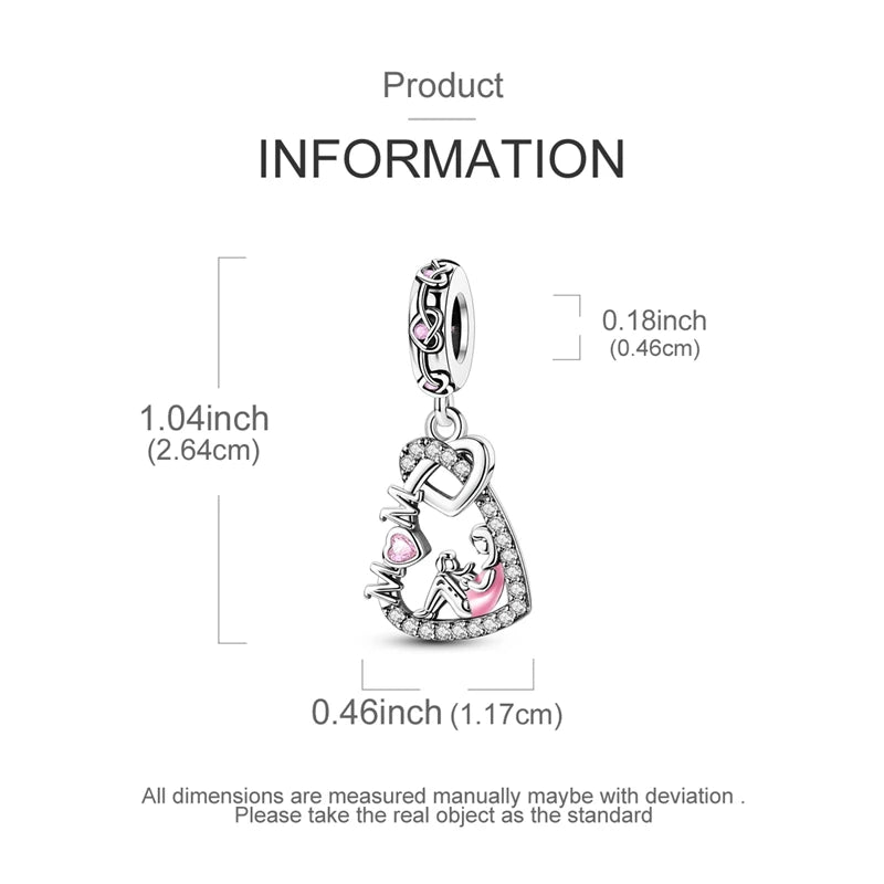 A silver heart charm for bracelets and necklaces shown with dimensions.