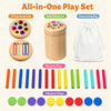 An all-in-one play set featuring wooden lids, a solid wood jar, drawstring bag, peggies, and macaron chips for toddlers.