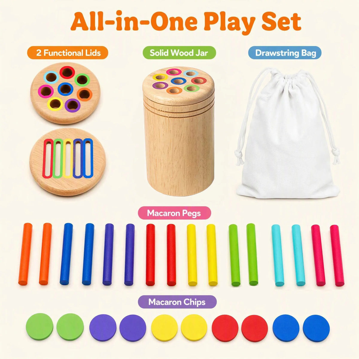 An all-in-one play set featuring wooden lids, a solid wood jar, drawstring bag, peggies, and macaron chips for toddlers.