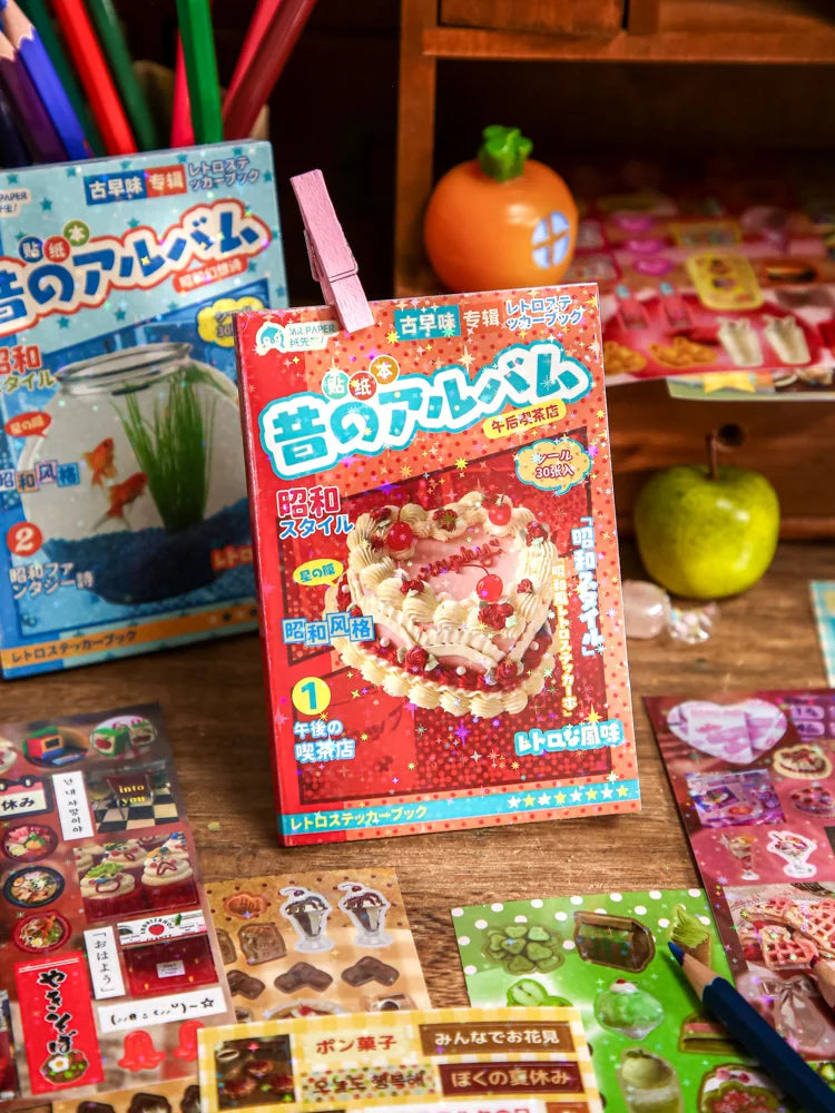 A collection of Japanese vintage kawaii sticker packs for scrapbooking and journaling displayed on a wooden surface.
