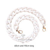 A white acrylic bag chain strap with clips shown in a looped form, measuring 21mm wide.