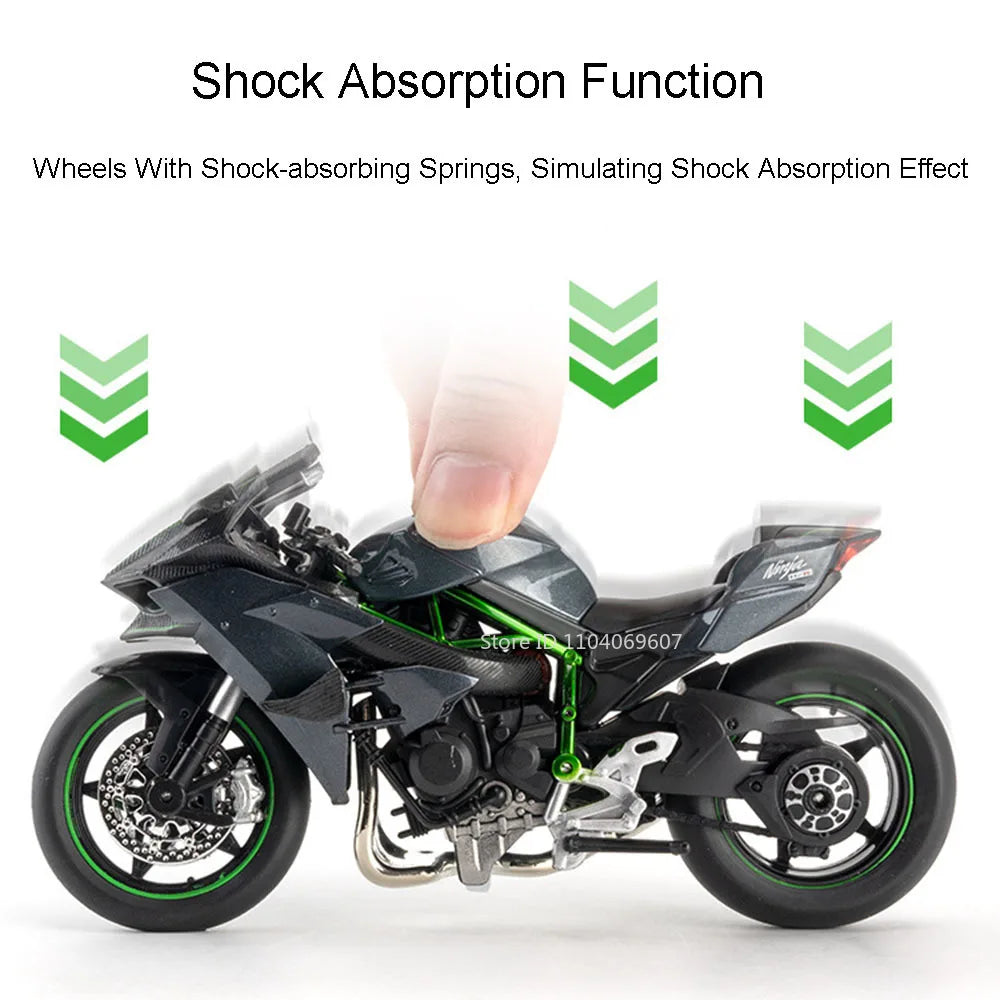 A black diecast sport motorcycle model featuring wheels with shock-absorbing springs.
