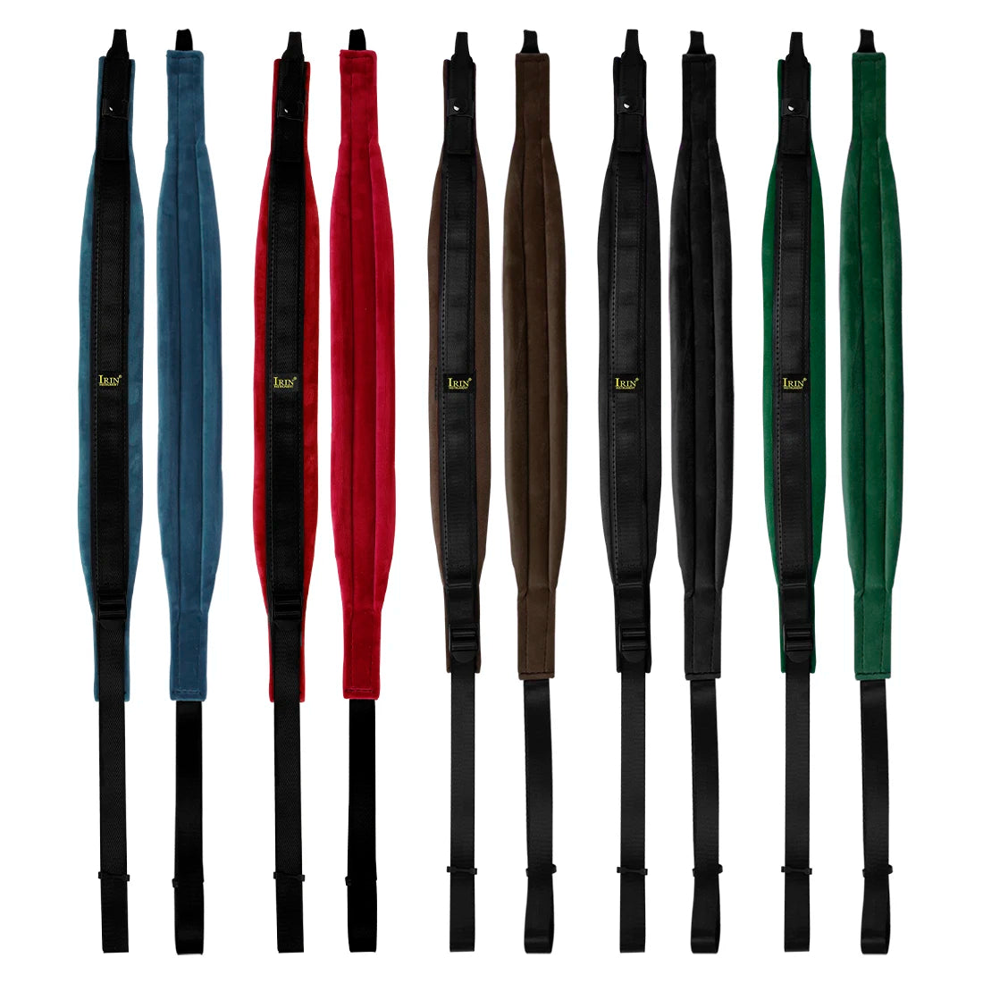 A row of professional adjustable accordion straps in various colors including black, blue, red, brown, and green.
