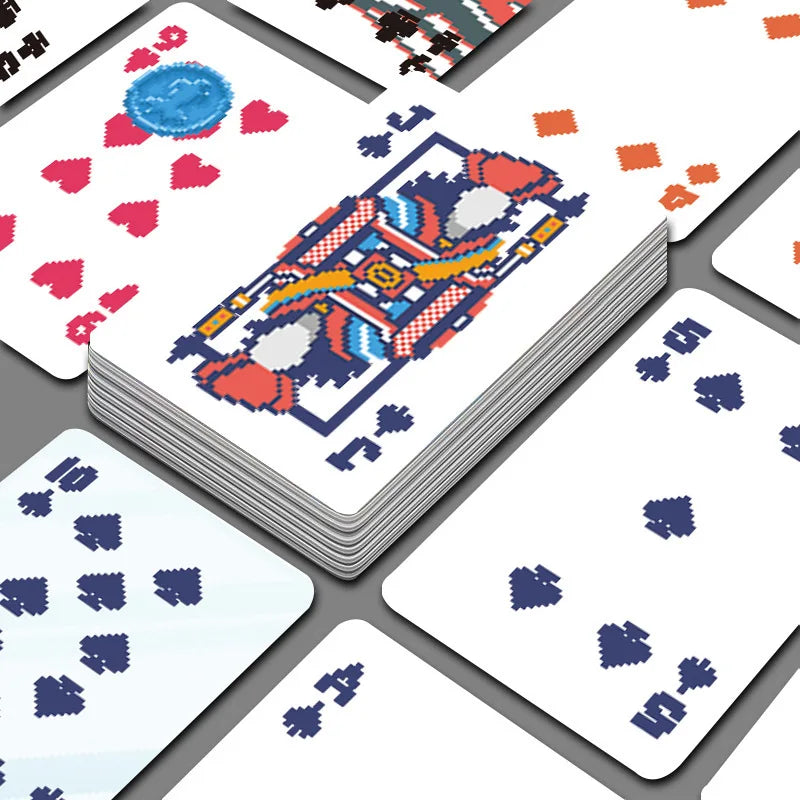 A stack of classic joker poker playing cards featuring colorful designs and patterns.