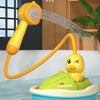 A yellow water spray bath toy shaped like a duck is shown spraying water into a blue tub.