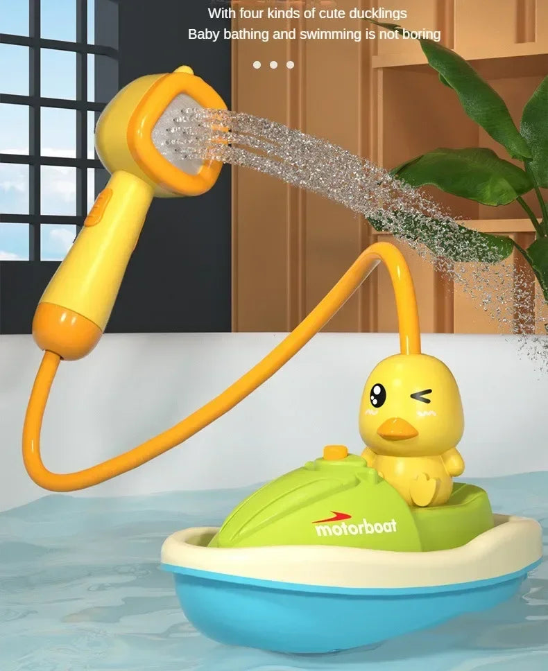 A yellow water spray bath toy shaped like a duck is shown spraying water into a blue tub.