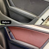 Before and after comparison of a PU leather trim repair using self-adhesive patches.