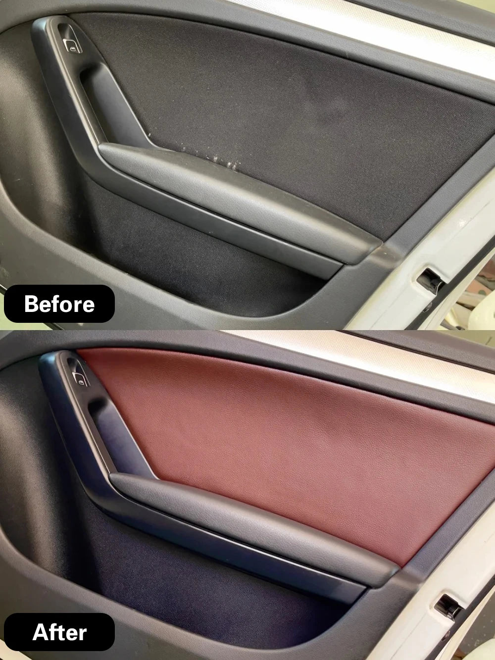 Before and after comparison of a PU leather trim repair using self-adhesive patches.
