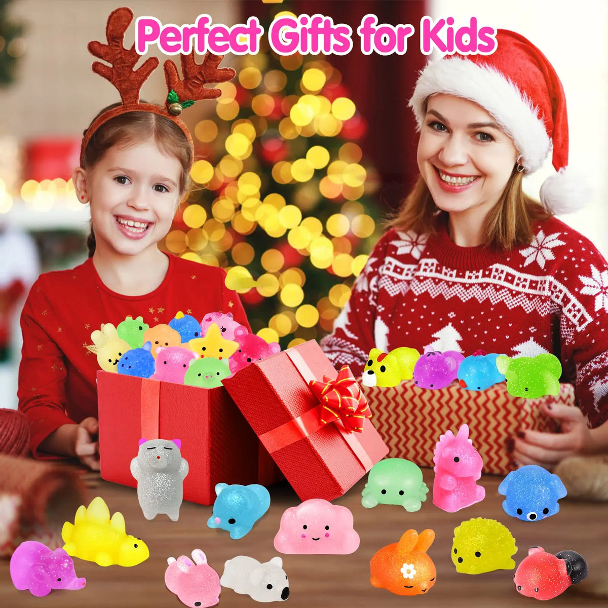 A variety of colorful mini squishy toys and fidget items are displayed in gift boxes for kids.