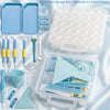 A clear storage box displays diamond art tools including dotting pens, trays, and a funnel.