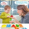 A wooden shape and color sorting puzzle set featuring a red triangle, green circle, and orange triangle.
