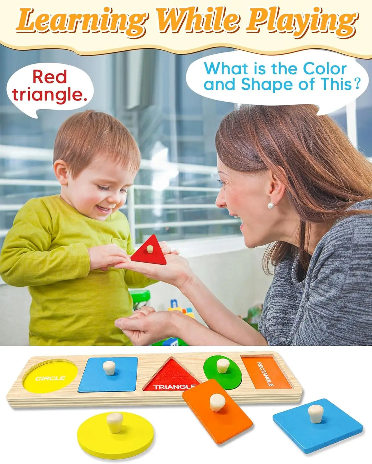 A wooden shape and color sorting puzzle set featuring a red triangle, green circle, and orange triangle.