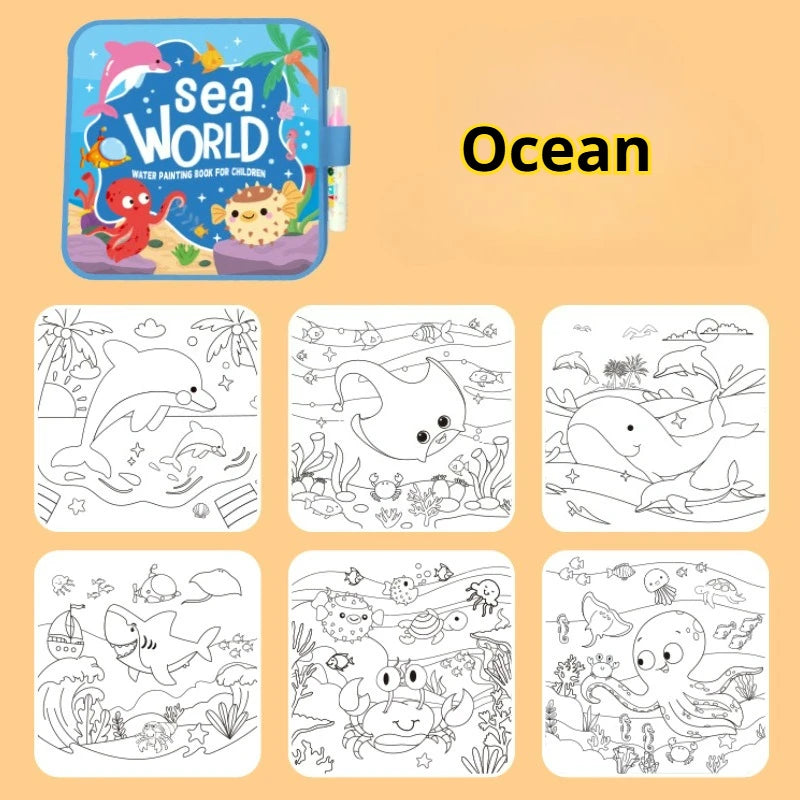 A colorful sea world painting book set with illustrations of ocean animals for children.