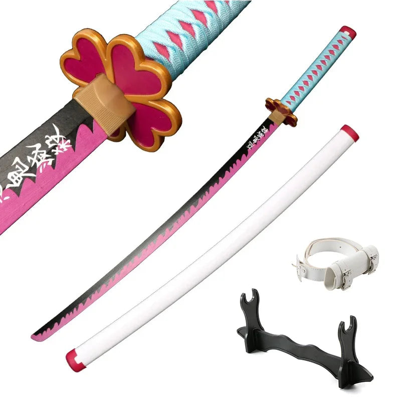 A pink and blue Demon Slayer anime katana sword with a decorative hilt and a black sheath.