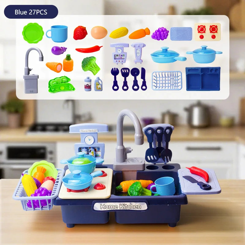 A blue electric kids kitchen sink toy set with running water, various utensils, and play food items.