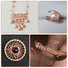 A set of rose gold copper wire jewelry including a pearl pendant, a pearl ring, and a hammered copper bracelet.