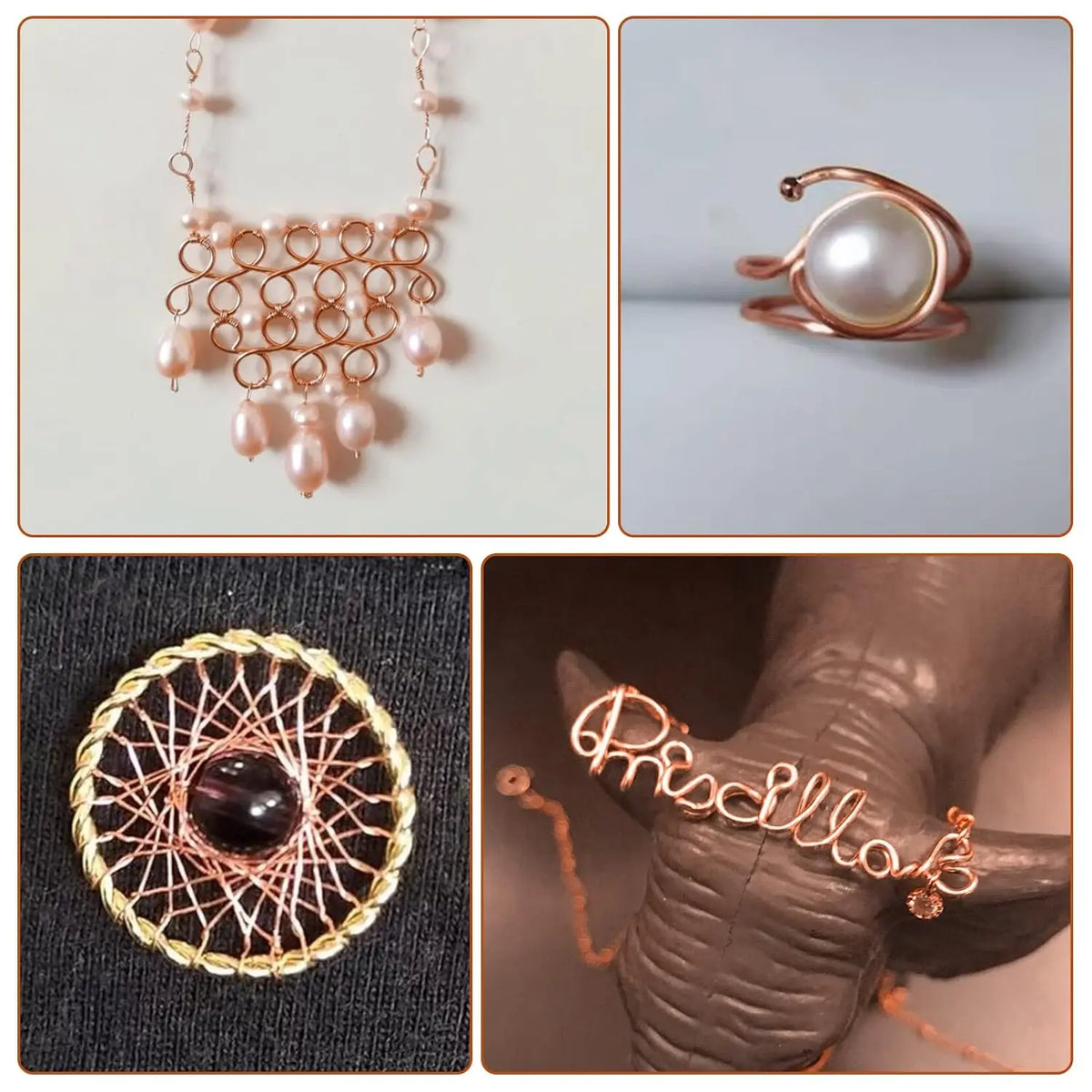 A set of rose gold copper wire jewelry including a pearl pendant, a pearl ring, and a hammered copper bracelet.