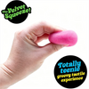 A hand holds a pink silicone fuzz ball stress relief toy, demonstrating its texture and size.