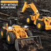 A yellow alloy remote control engineering vehicle set featuring a loader and a bulldozer digging in dark soil.