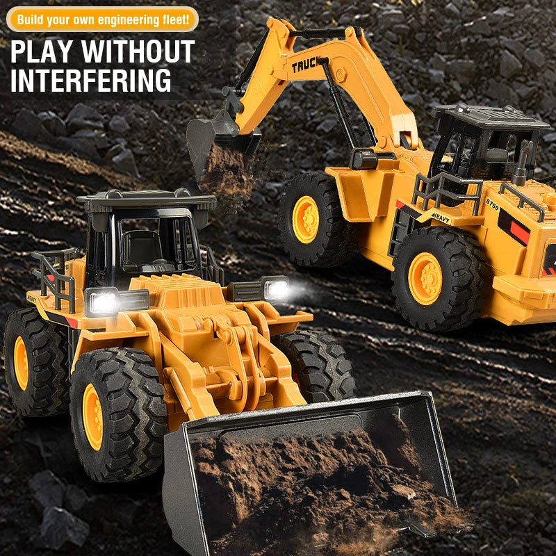 A yellow alloy remote control engineering vehicle set featuring a loader and a bulldozer digging in dark soil.