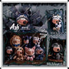 A collection of seven fluffy monster vinyl figures in various colors and poses displayed in a box.