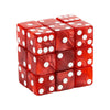 A set of ten red marble acrylic dice in a standard size arranged in a cube formation.