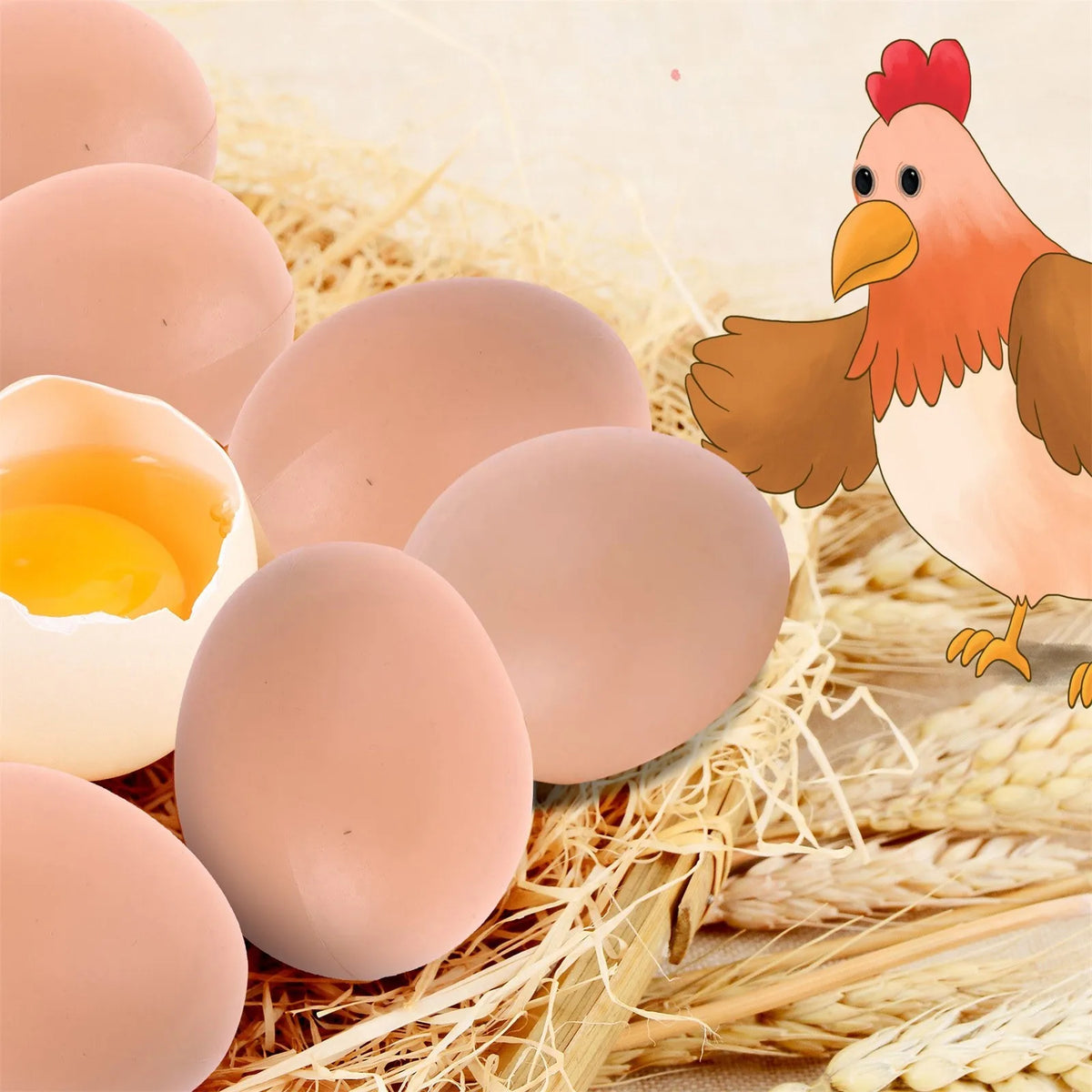 A realistic plastic hen with a red comb is shown next to several light pink and white eggs nestled in straw.