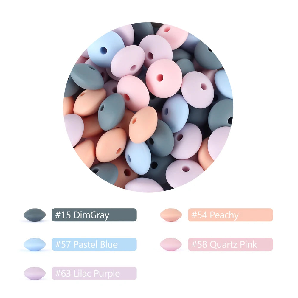 A circular arrangement of various pastel silicone lentil beads in shades including DimGray, Peachy, Pastel Blue, Quartz Pink,