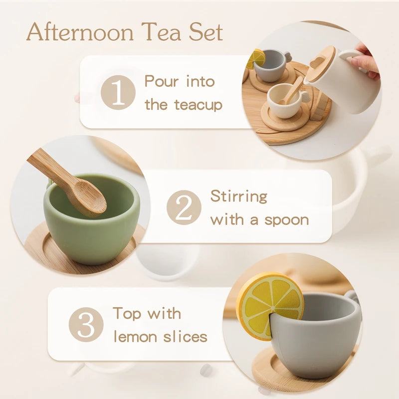 A three-step guide showing how to prepare an afternoon tea set with a teacup, spoon, and lemon slices.