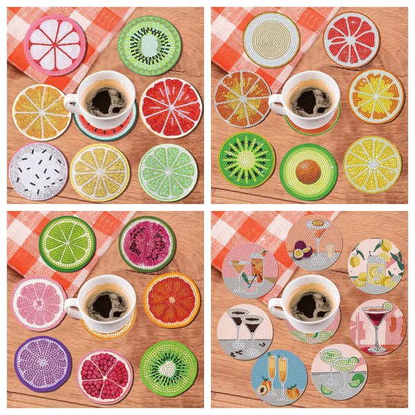 A collection of colorful fruit pattern diamond painting coasters on a wooden surface.