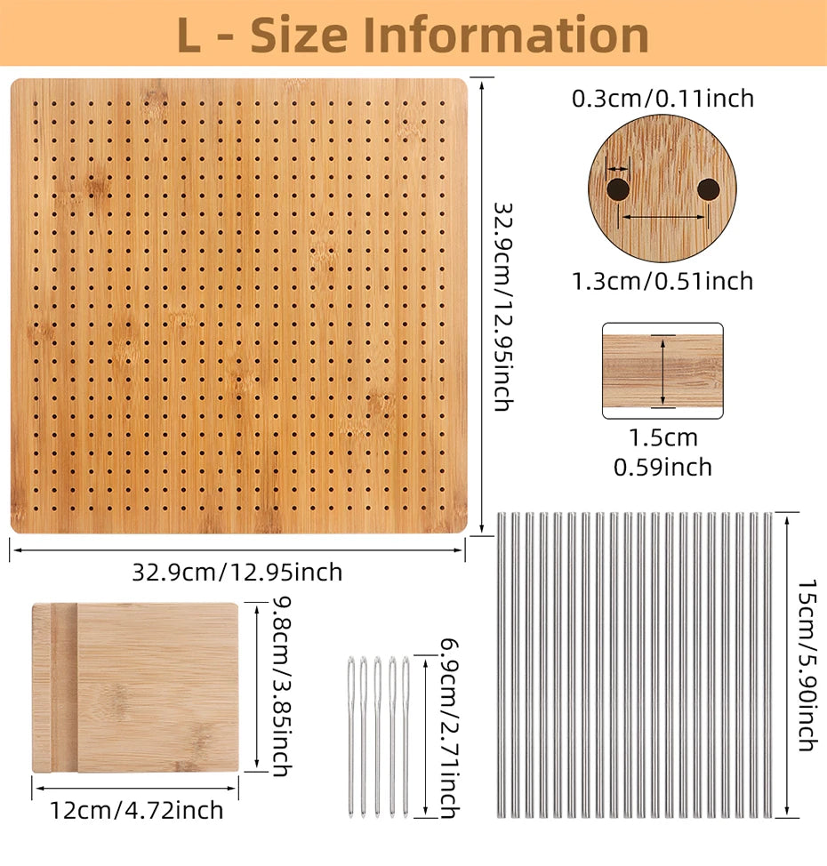 A wooden bamboo crochet blocking board with pins, a circular wooden piece, and a set of metal rods.