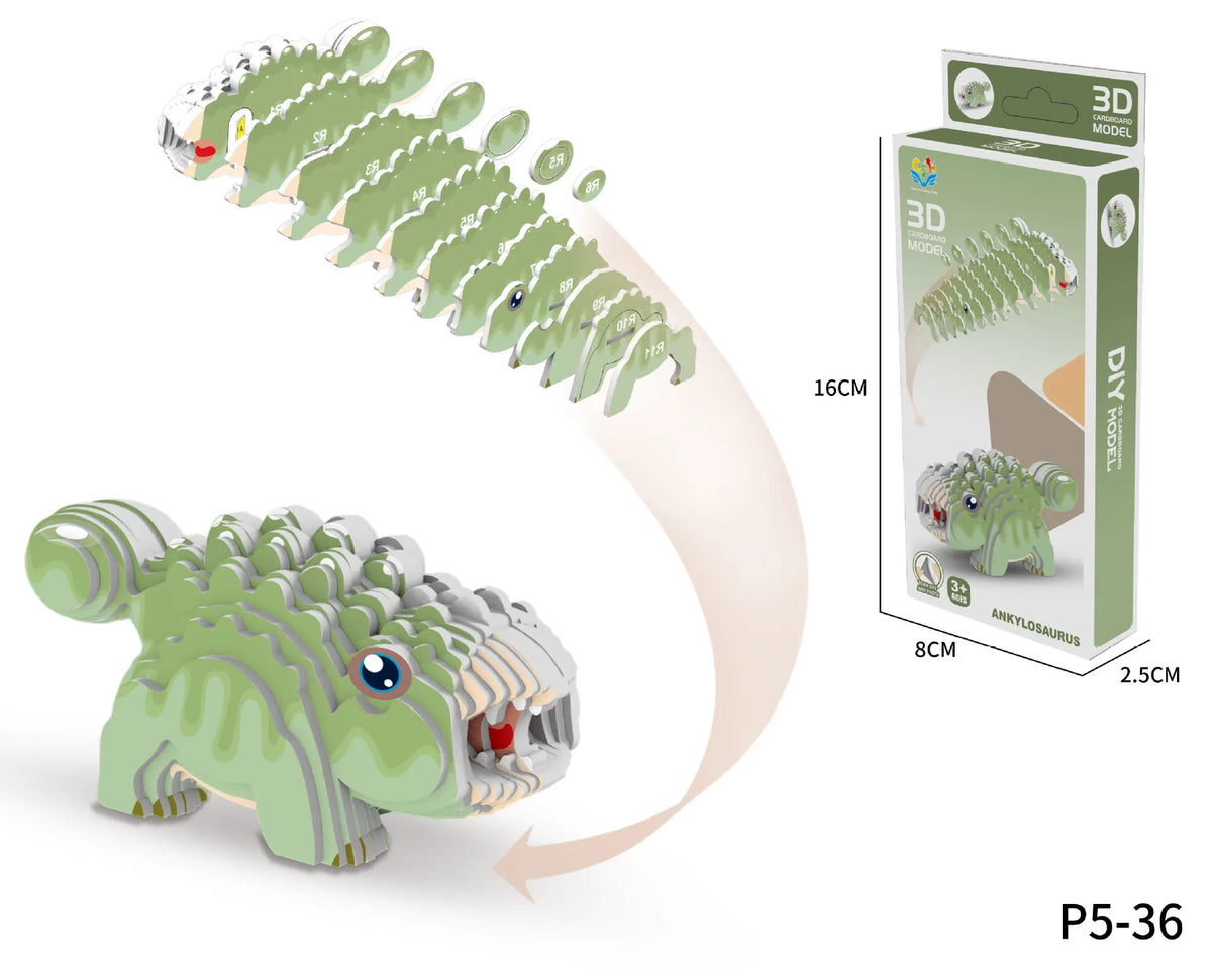 A 3D paper animal puzzle set featuring a dinosaur model, shown in its packaged form and assembled.