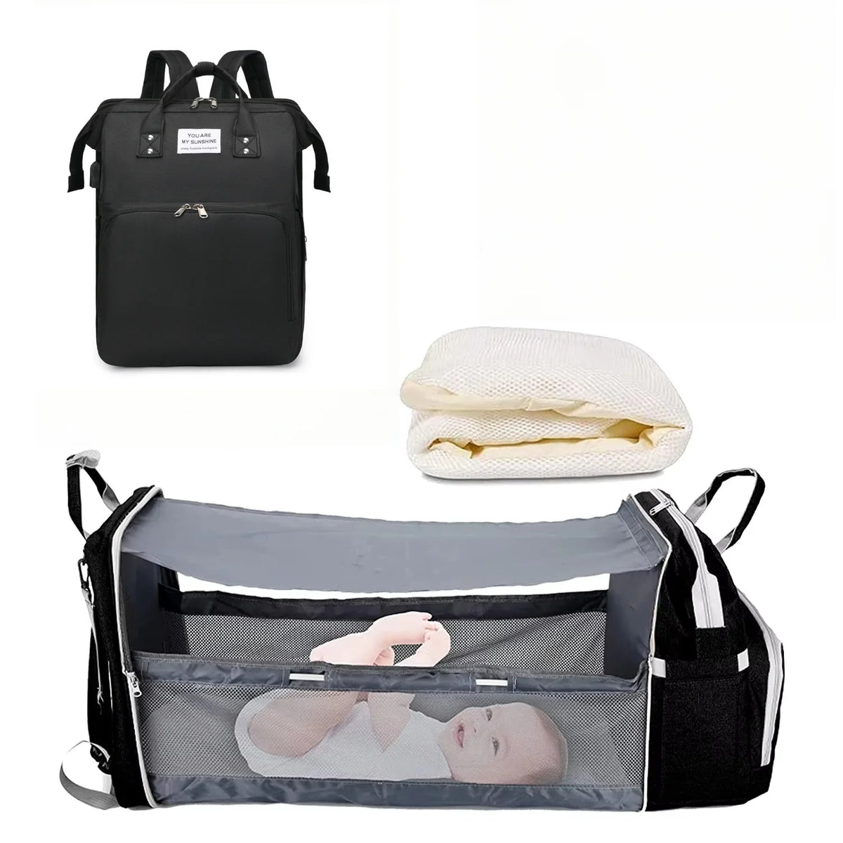 Black multifunctional diaper bag backpack featuring a built-in changing pad and storage compartments.