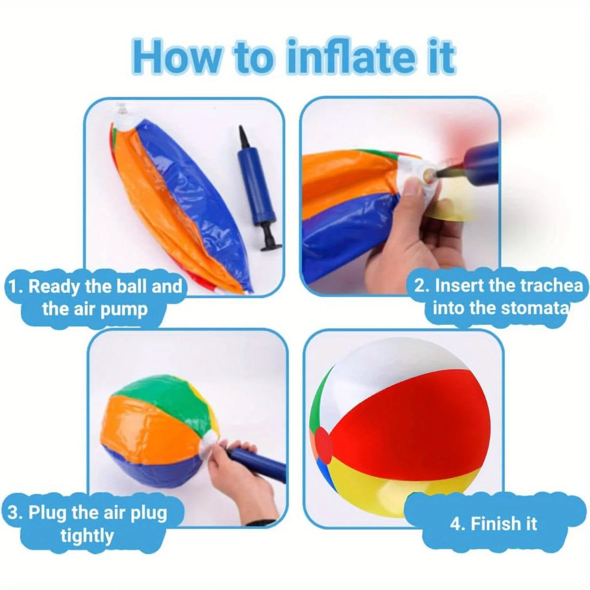Instructions showing how to inflate an inflatable ball by inserting a trachea into the stomata and plugging the air pump.