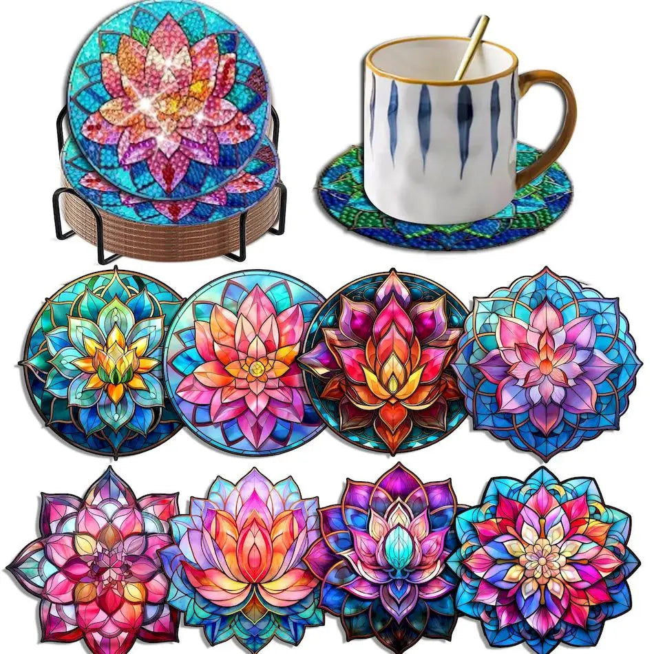 DIY Diamond Painting Coaster Kit with Holder – 8 Floral Resin Coasters