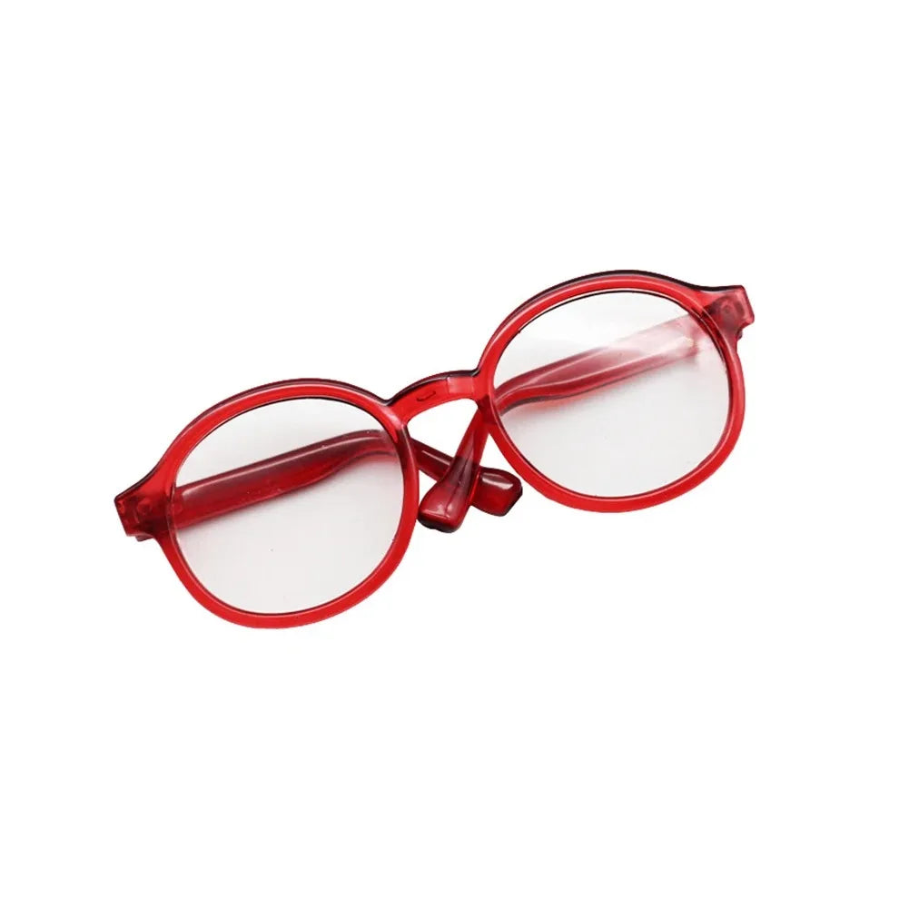 A pair of transparent red-framed glasses for dolls