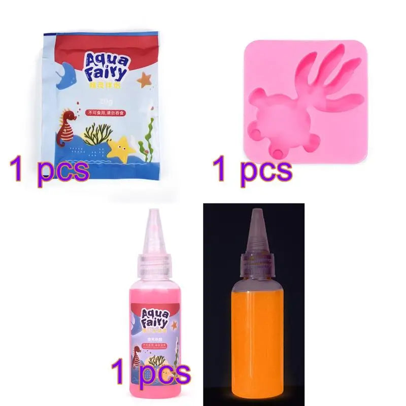 A set of Magic Water Elf DIY craft kit including a pouch, a pink mold, and an orange bottle.