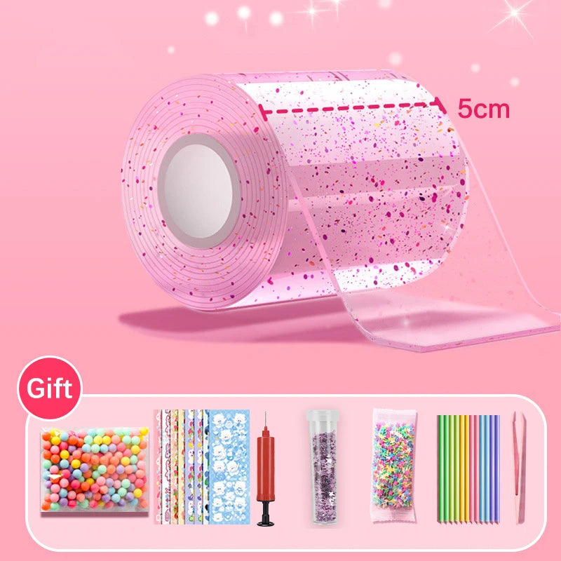 Roll of pink glitter tape for craft projects with various colorful materials shown in a gift set