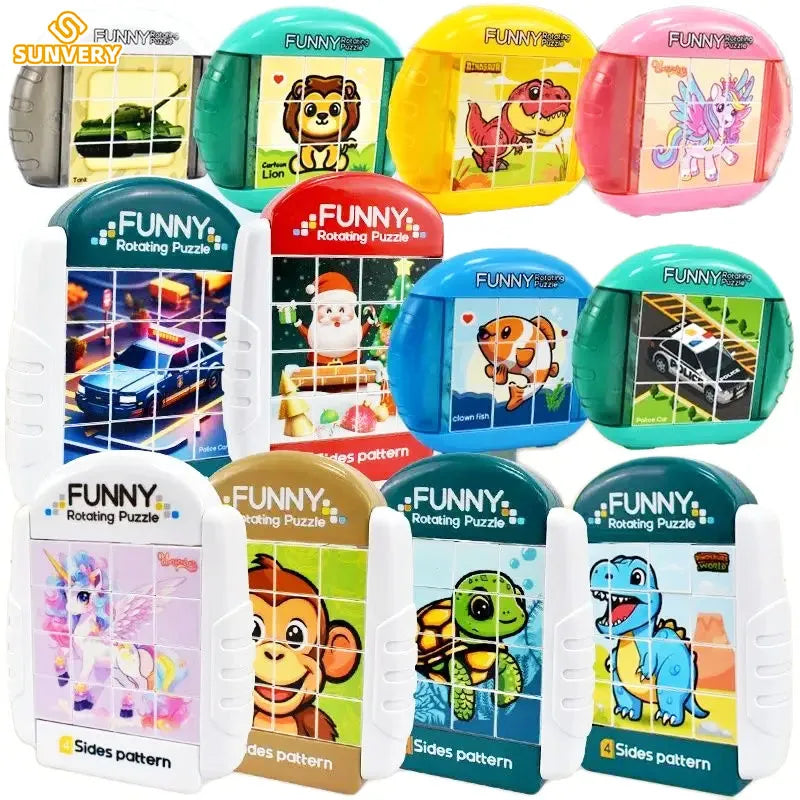 A collection of colorful rotating puzzles for kids featuring animals and objects like a car and a unicorn.