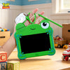 A hand holds a green frog-shaped LCD drawing tablet keychain with a bright green stem and a silver key ring.