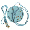Light blue crochet dumpling bag hardware kit featuring an adjustable strap and gold-toned clasps
