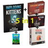 A set of exploding kittens card games including an expansion pack and a barking kittens game