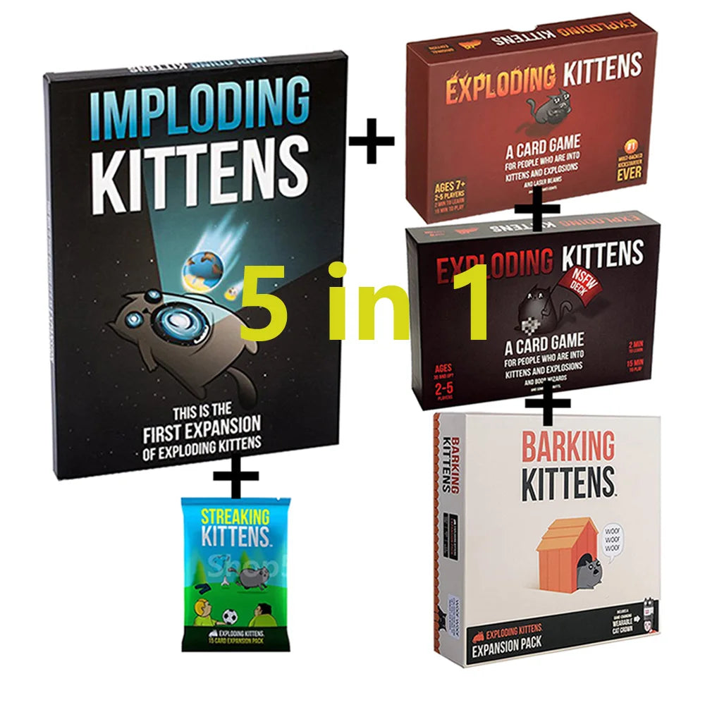 A set of exploding kittens card games including an expansion pack and a barking kittens game