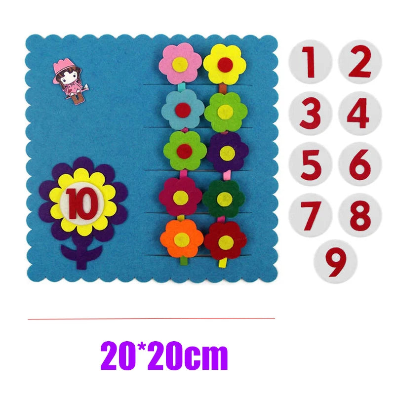A felt board showing colorful flowers numbered 1 through 10 for toddler math learning.