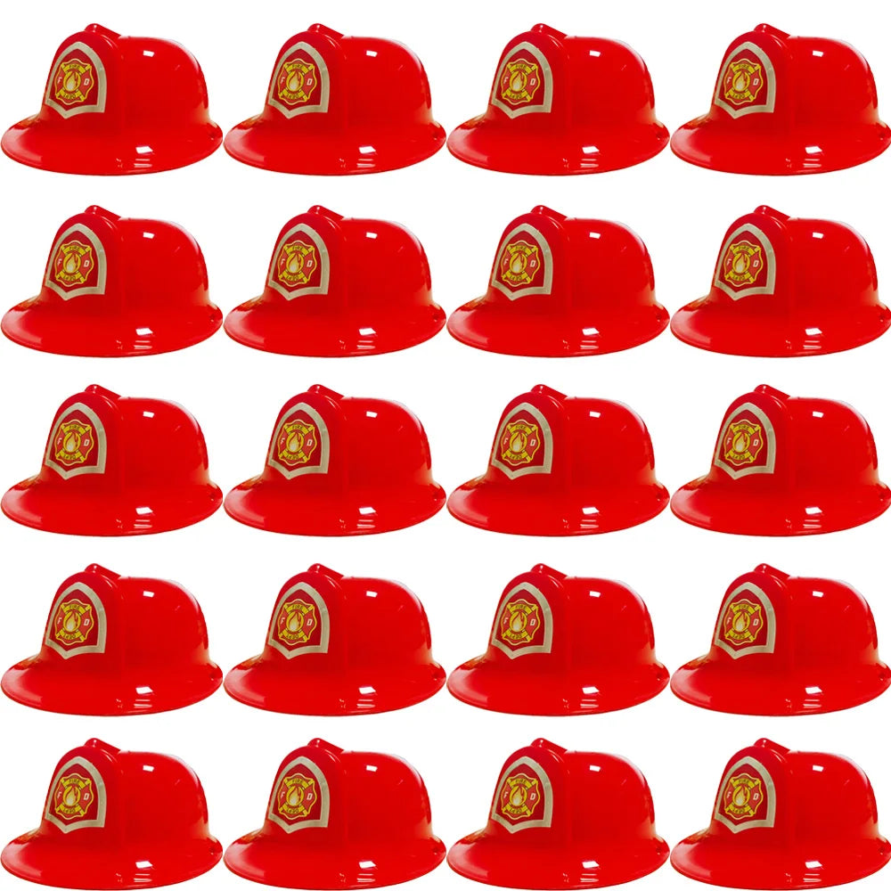 A row of red firefighter helmets for kids shown from the side.