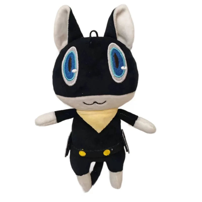 A black and white plush doll resembling the character Morgana from Persona 5