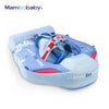 A light blue baby swim float with canopy and tail support shown in a product photo.